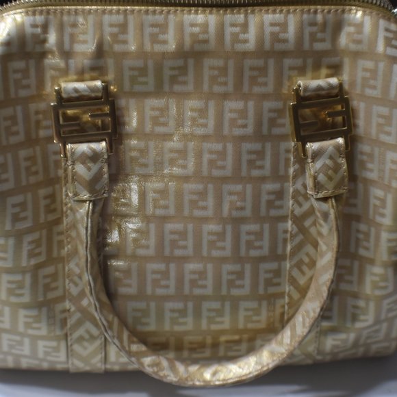 FENDI Tan/Gold Monogram Icon Logo Satchel Hand Bag w Its Dust Bag - Picture 2 of 15